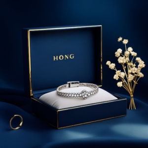 Elegant Jewelry Packaging Display Featuring Navy Blue Box And Silver Bracelet