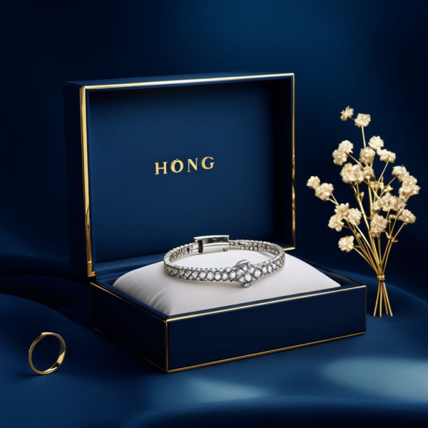 Elegant Jewelry Packaging Display Featuring Navy Blue Box And Silver Bracelet