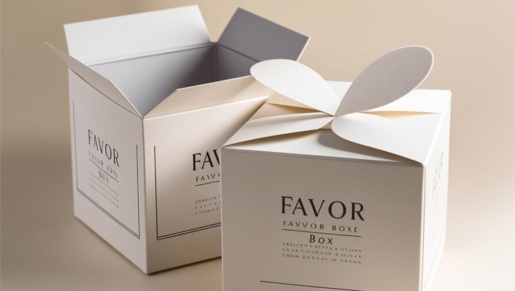Favor boxes are small, decorative containers used to hold and present small gifts or tokens of appreciation for guests at various events.