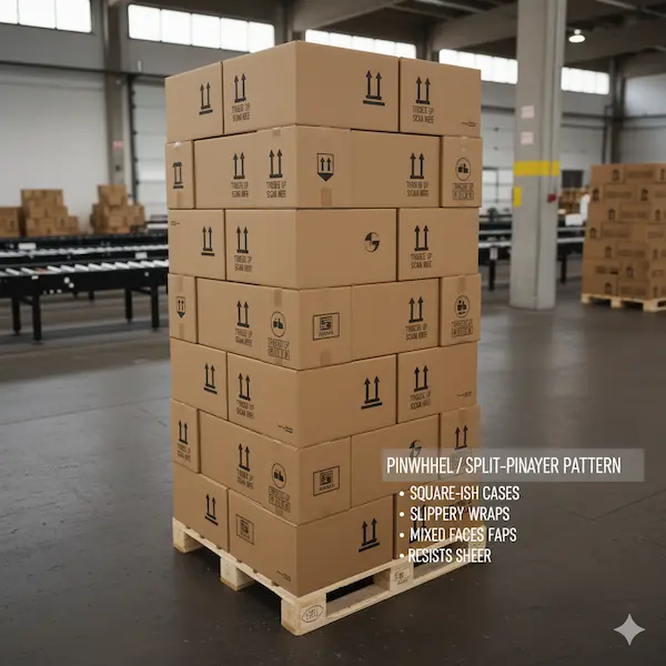 Stretch wrap coursing through pallet deck boards to lock the base