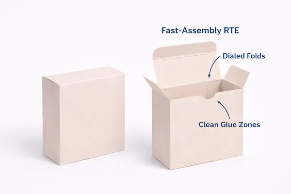 Reverse tuck end folding carton optimized for fast assembly