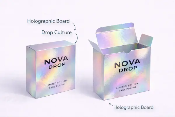 Holographic board reverse tuck end boxes for multi-color retail effect