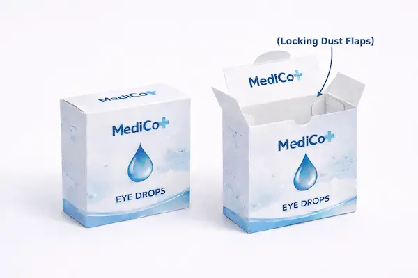 Reverse tuck end box with locking dust flaps for retention