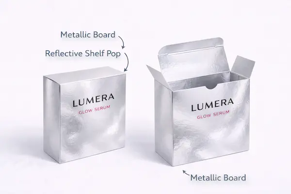 Metallic board reverse tuck end boxes for reflective shelf pop