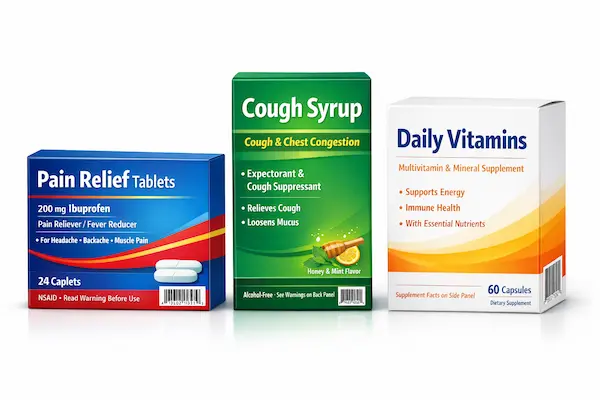 OTC medicine cartons — retail-ready pharmaceutical folding cartons for tablets, syrups, and supplements