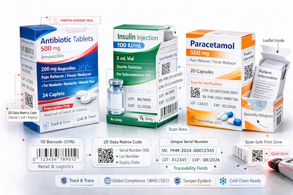 Serialized pharma cartons — pharmaceutical cartons with 2D codes and barcodes for track and trace