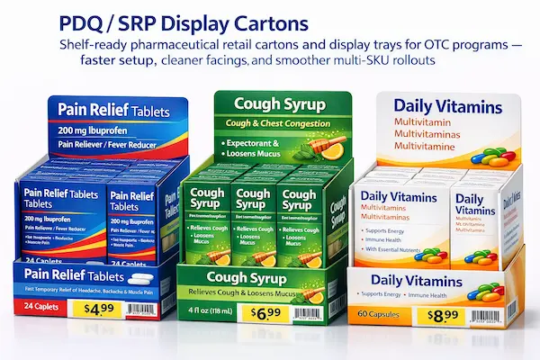 PDQ / SRP display cartons — shelf-ready pharmaceutical retail display trays